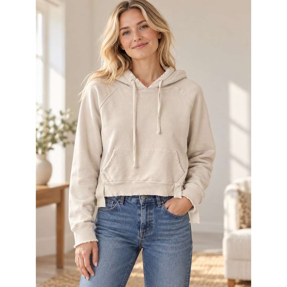 Frank & Eileen Tee Lab Beige Cropped Raw Hem Hoodie Sweatshirt Small